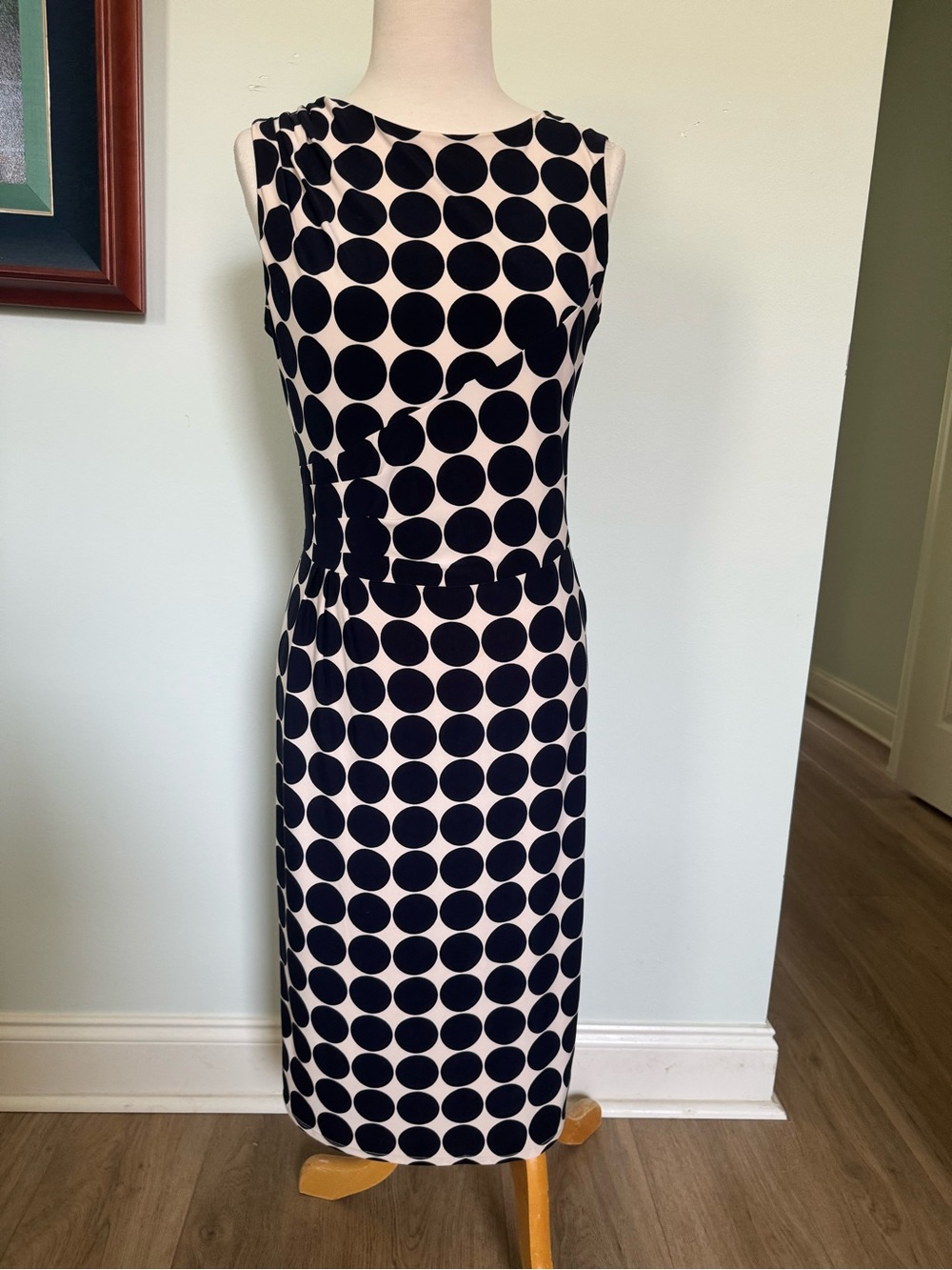 Sleeveless Cream Midi Dress with Navy Polka Dots